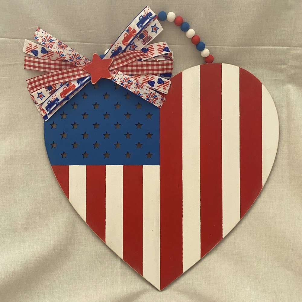 Hand painted American Flag wooden heart